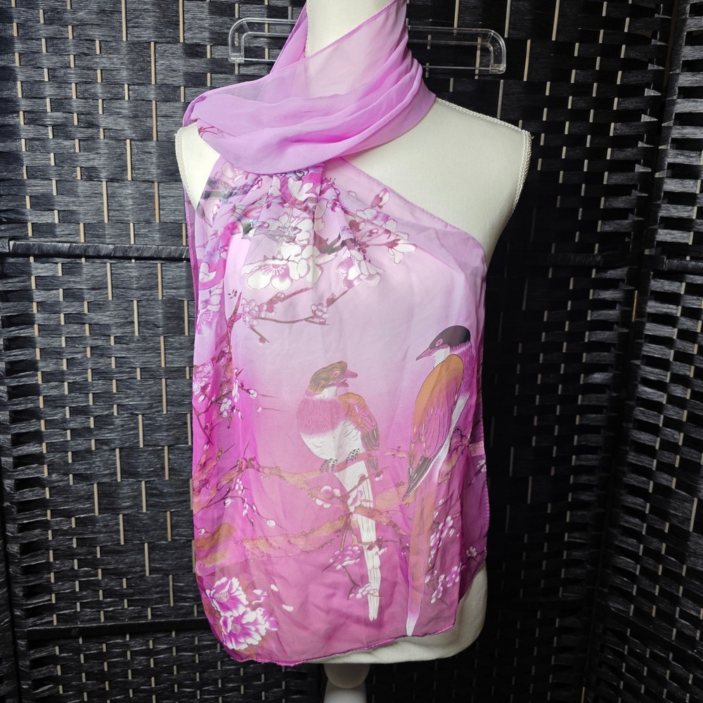 Liang Dian Pink Silk Blend Bird Floral Print Cherry Blossom Oblong Scarf Wrap